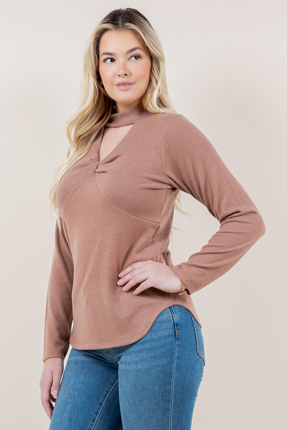 LS TWIST FRONT MOCK NECK TOP - T11661-CSH HACCI-TAUPE