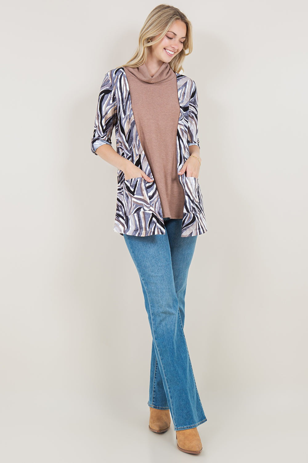 ELBOW SLEEVE COWL NECK CARDIGAN TWOFER TOP - T11665-5660-1