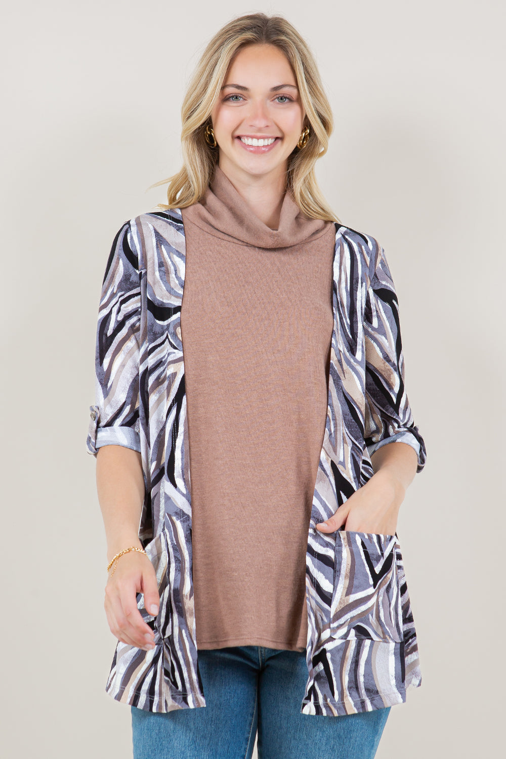 ELBOW SLEEVE COWL NECK CARDIGAN TWOFER TOP - T11665-5660-1
