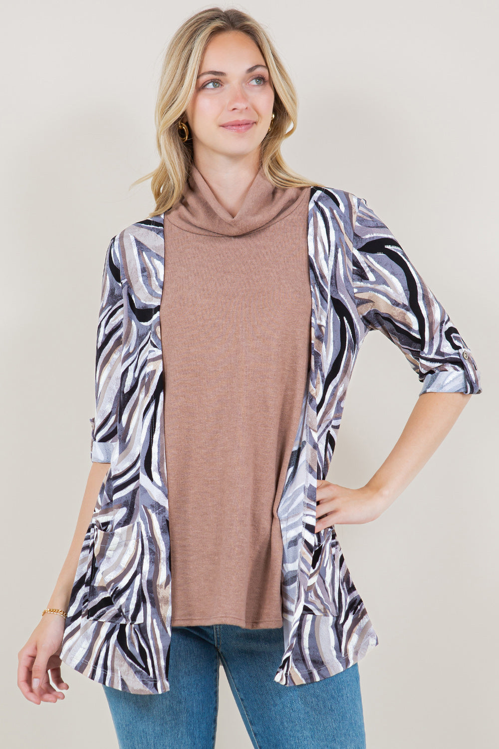 ELBOW SLEEVE COWL NECK CARDIGAN TWOFER TOP - T11665-5660-1