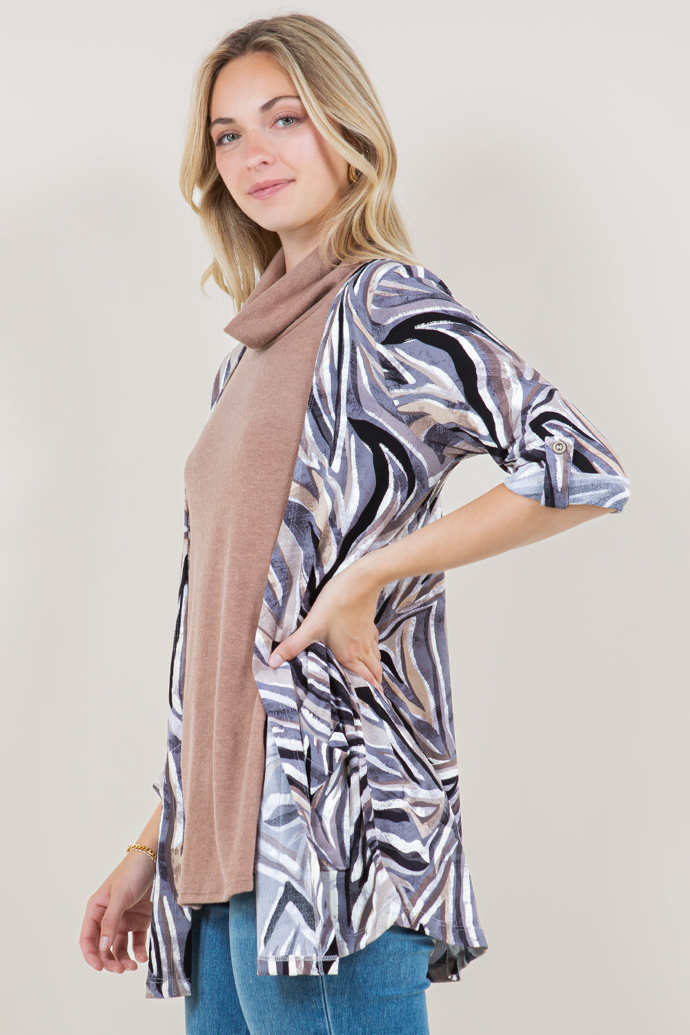 ELBOW SLEEVE COWL NECK CARDIGAN TWOFER TOP - T11665-5660-1