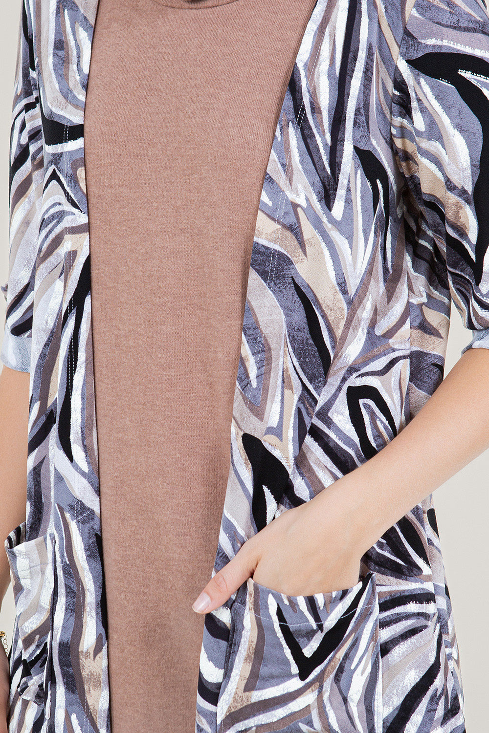 ELBOW SLEEVE COWL NECK CARDIGAN TWOFER TOP - T11665-5660-1
