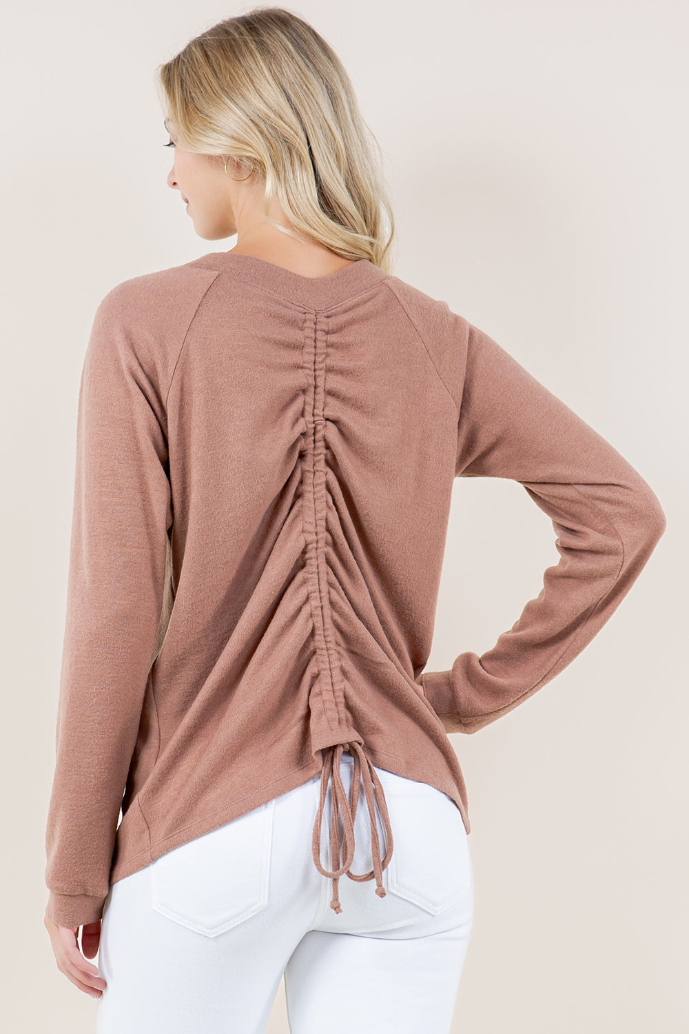 LS ROUCHED BACK CREW NK PULL OVER - T11675-TAUPE-BACK