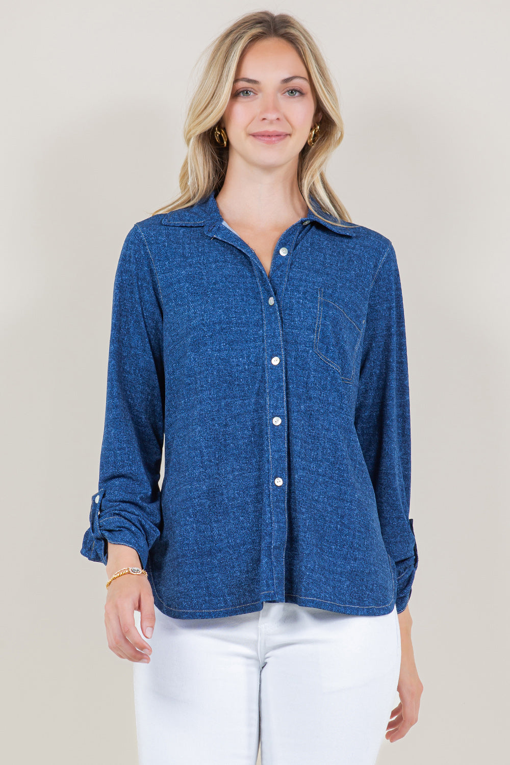 LS ROLLED UP BUTTON DOWN SHIRT TOP - T11679-92795