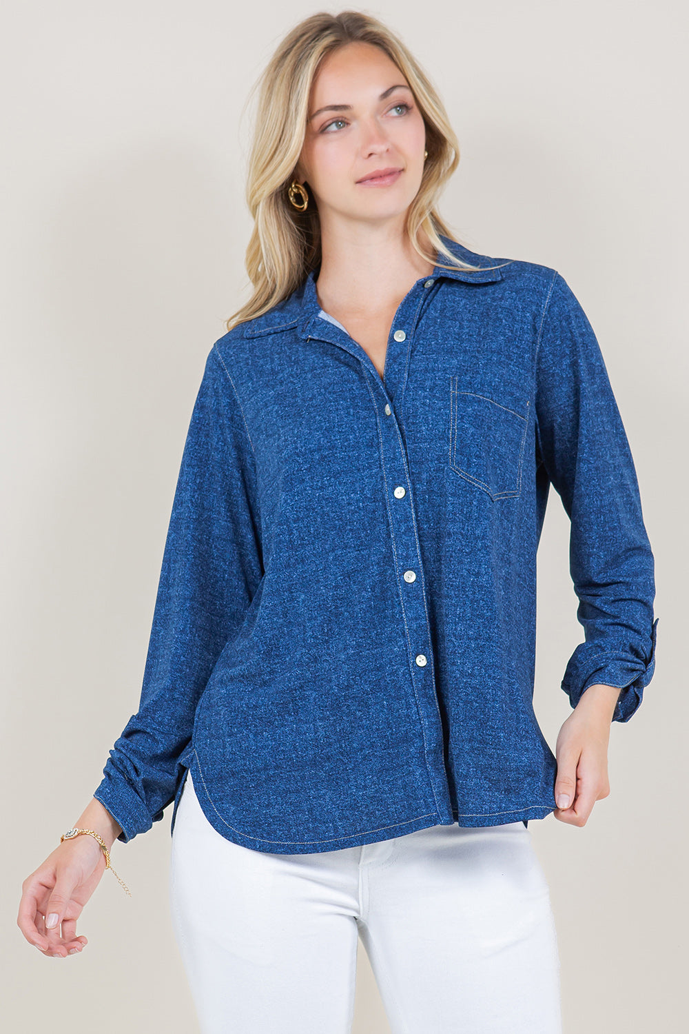 LS ROLLED UP BUTTON DOWN SHIRT TOP - T11679-92795