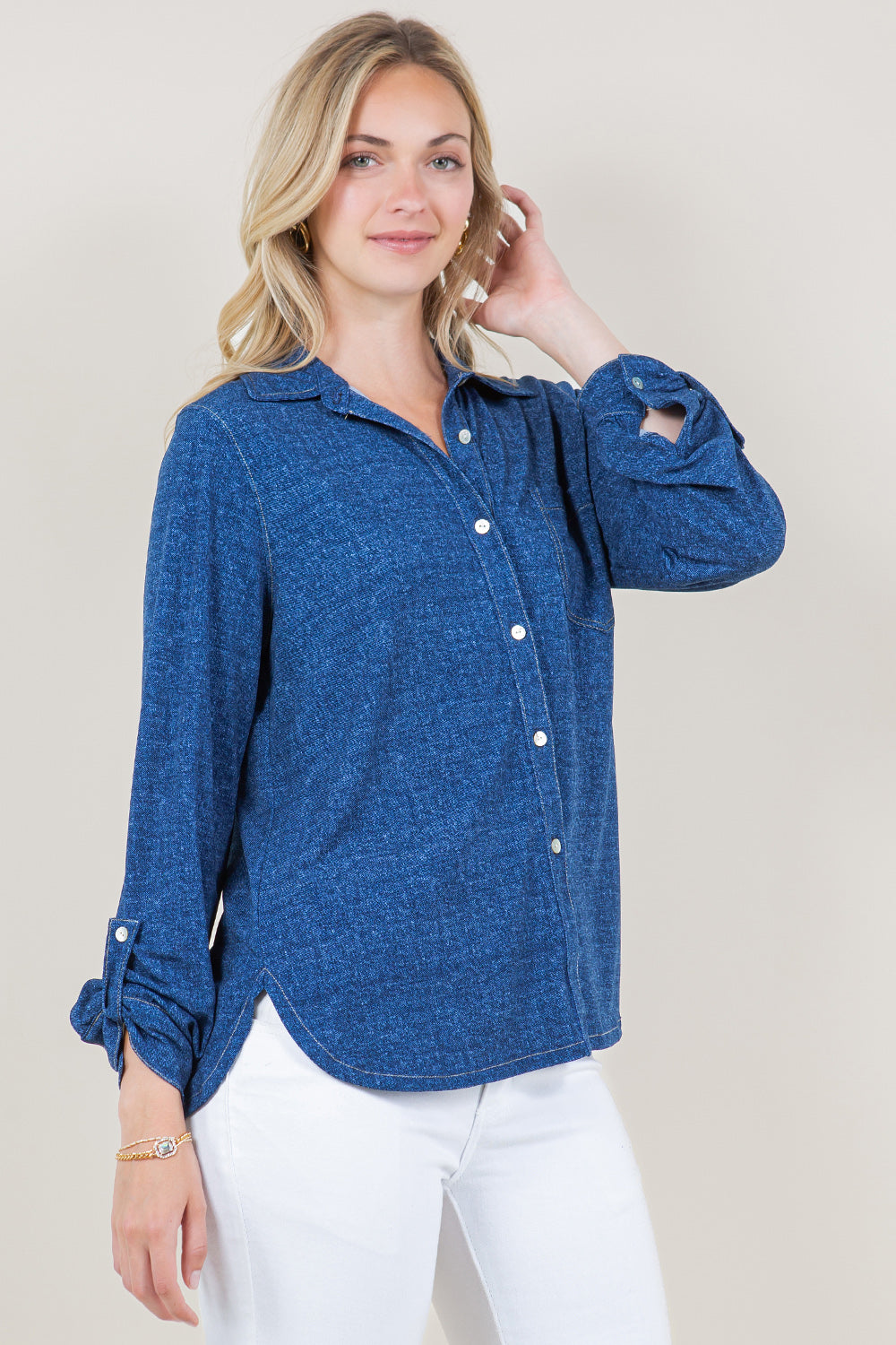 LS ROLLED UP BUTTON DOWN SHIRT TOP - T11679-92795