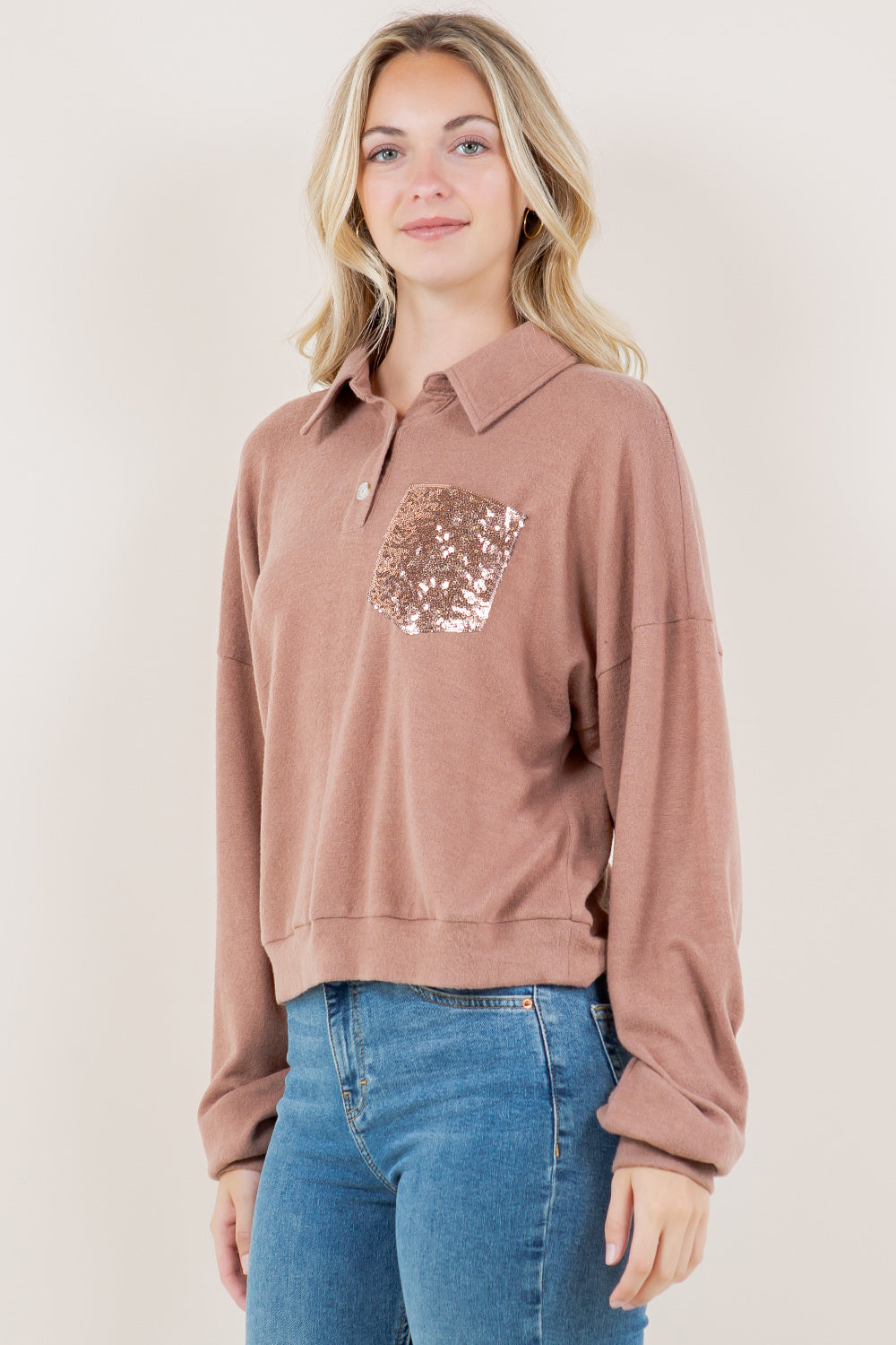 L/SLV DROP SHLD HENLEY PULLOVER - T11681-TAUPE-POCKET PATCH