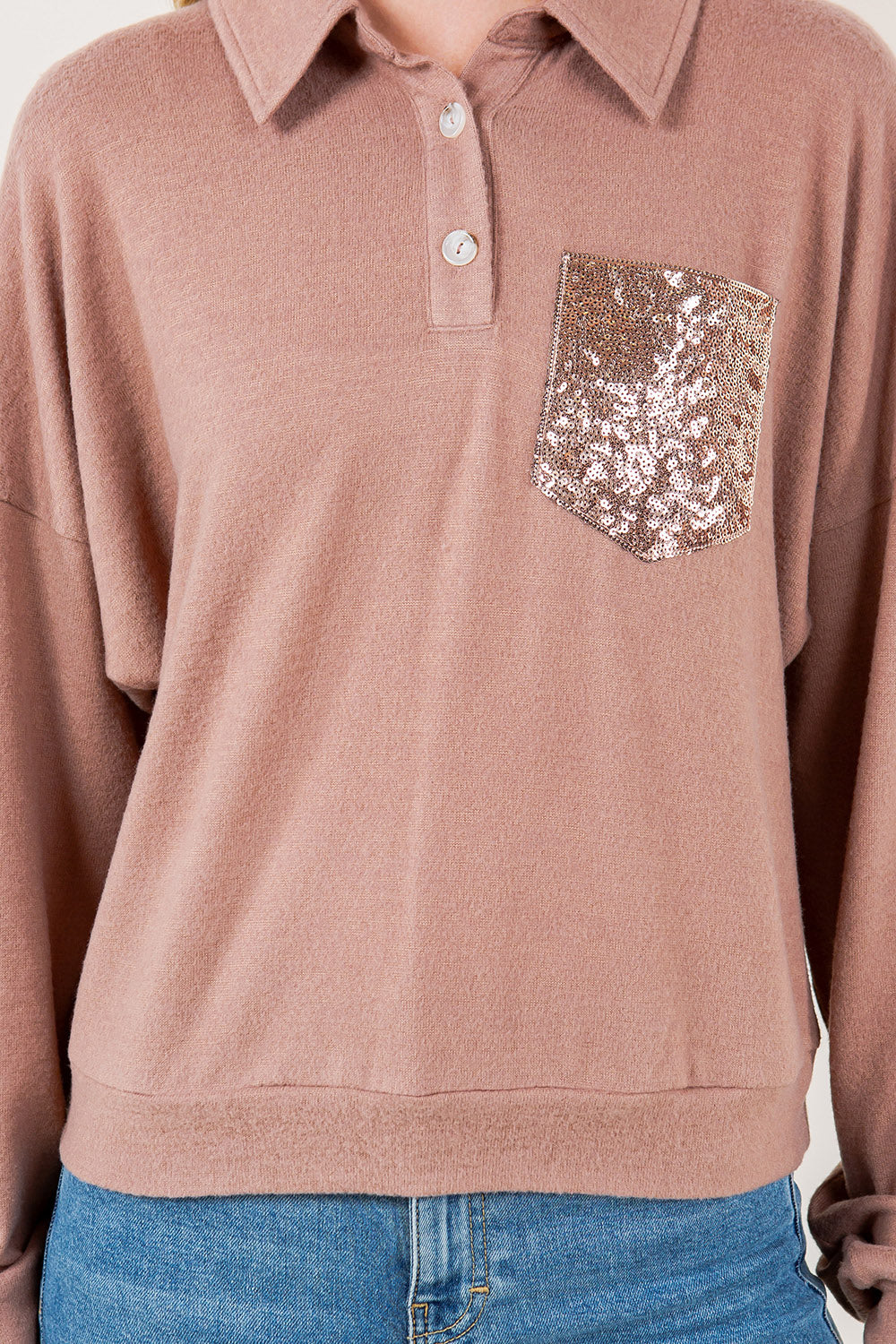 L/SLV DROP SHLD HENLEY PULLOVER - T11681-TAUPE-POCKET PATCH