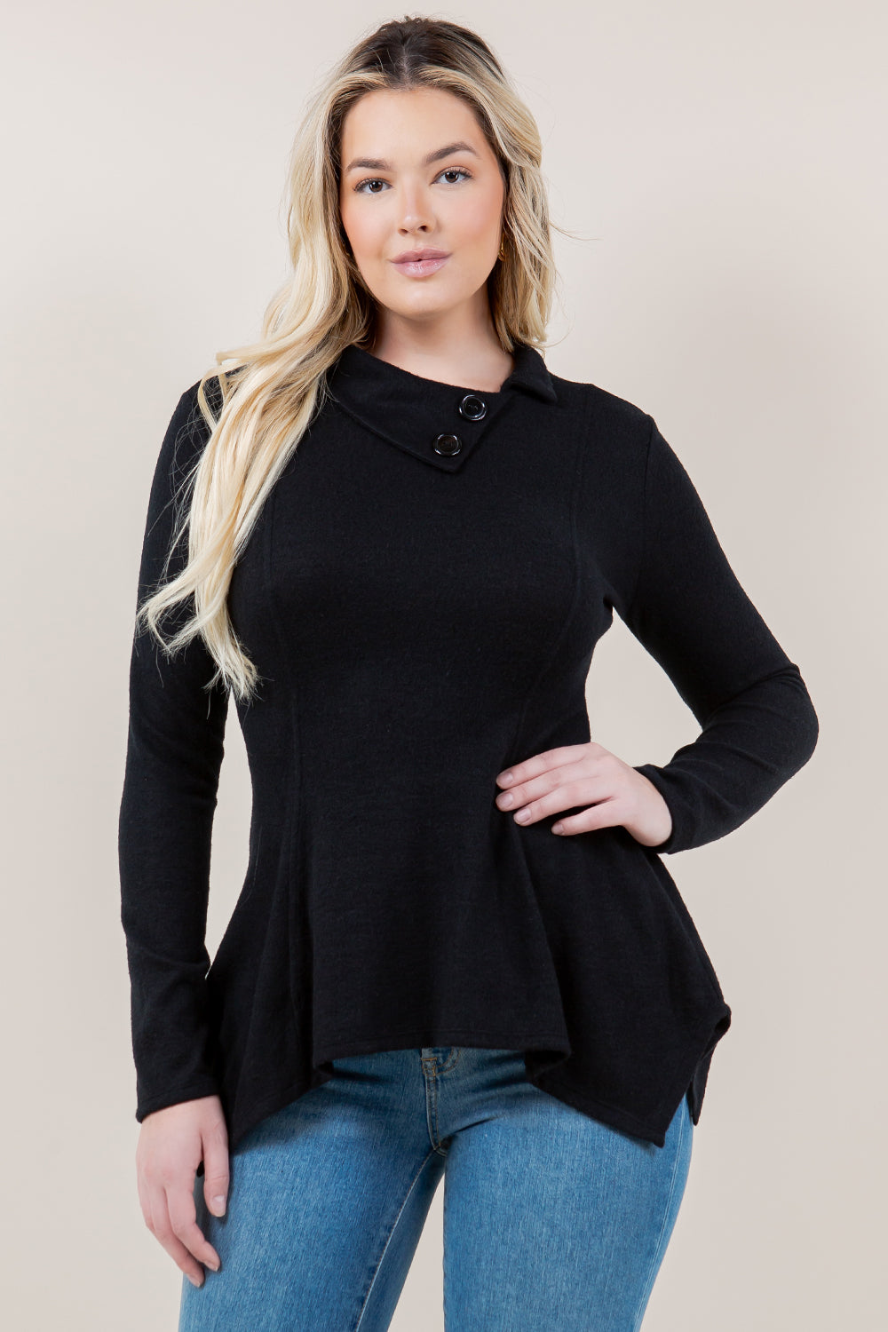 LS BUTTON DOWN COWL NK POINTED HEM TUNIC - T11685-CSH-HACCI-BLK
