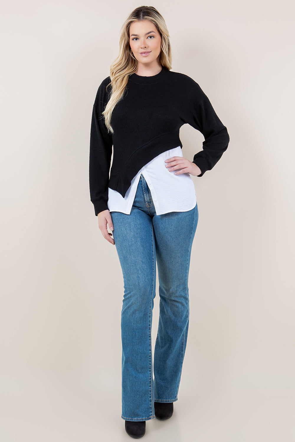 LS CREW NK ASYM TWOFER TOP - T11687-CSH-HACCI-BLK