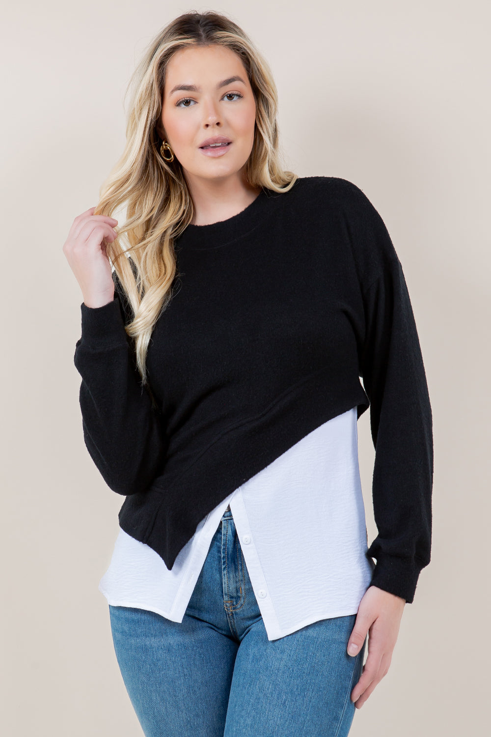 LS CREW NK ASYM TWOFER TOP - T11687-CSH-HACCI-BLK
