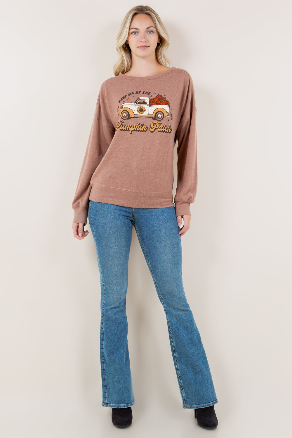 LG DRP SLVCREW NK STITCH PULL OVER TOP - T11691-TAUPE-FALLPRINT