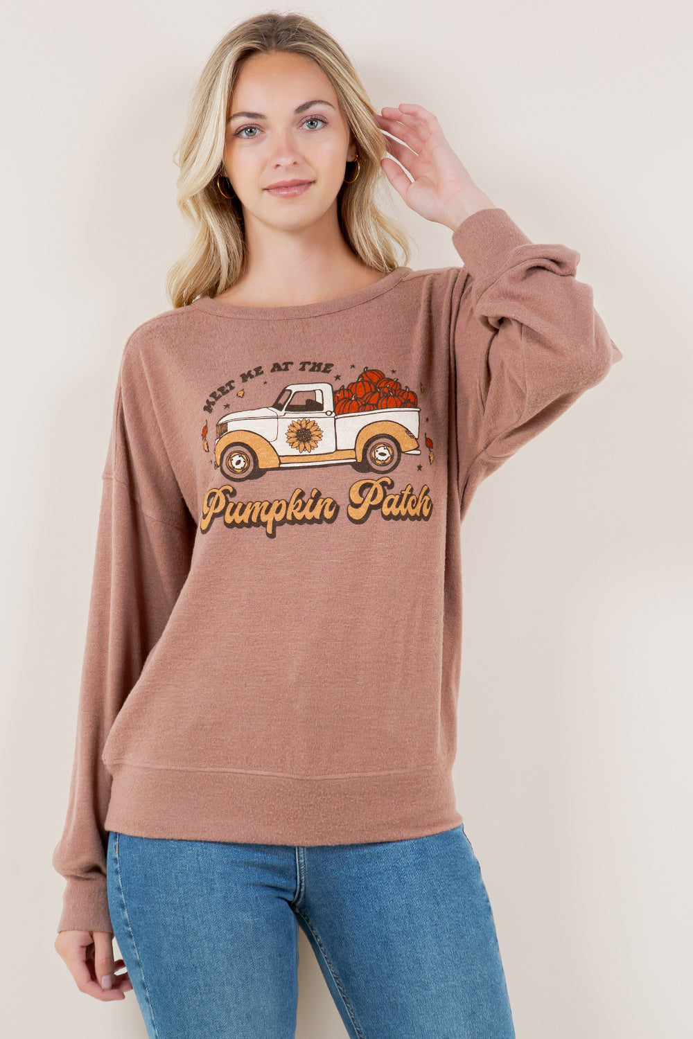 LG DRP SLVCREW NK STITCH PULL OVER TOP - T11691-TAUPE-FALLPRINT