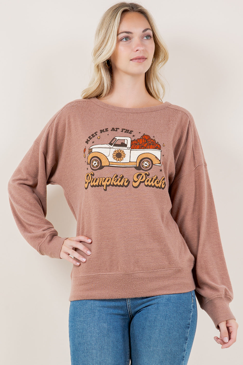 LG DRP SLVCREW NK STITCH PULL OVER TOP - T11691-TAUPE-FALLPRINT