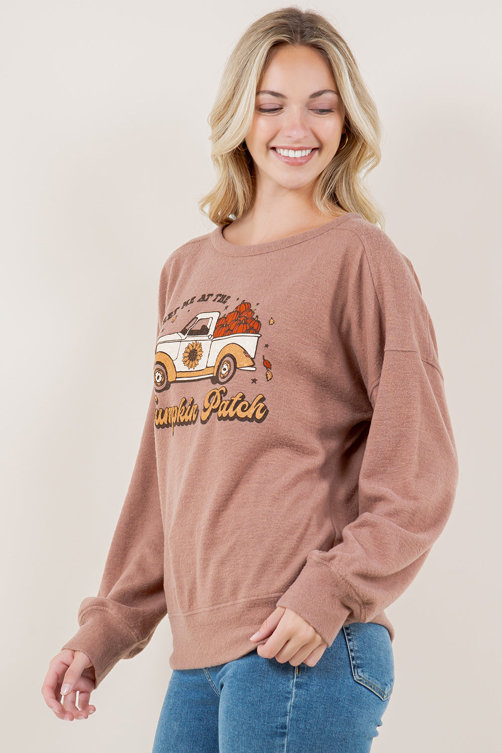 LG DRP SLVCREW NK STITCH PULL OVER TOP - T11691-TAUPE-FALLPRINT