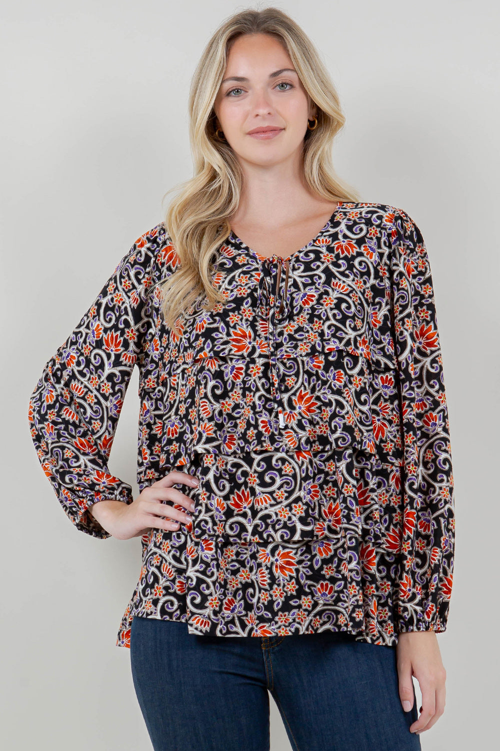 PUFF LS TIER RUFFLE NOTCH NK TOP - T11714-A4577-4