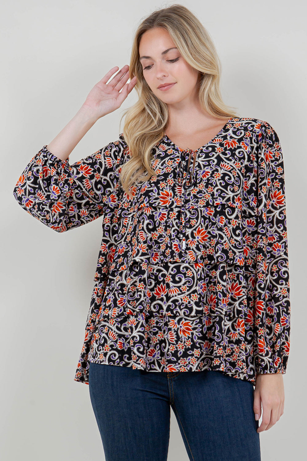 PUFF LS TIER RUFFLE NOTCH NK TOP - T11714-A4577-4