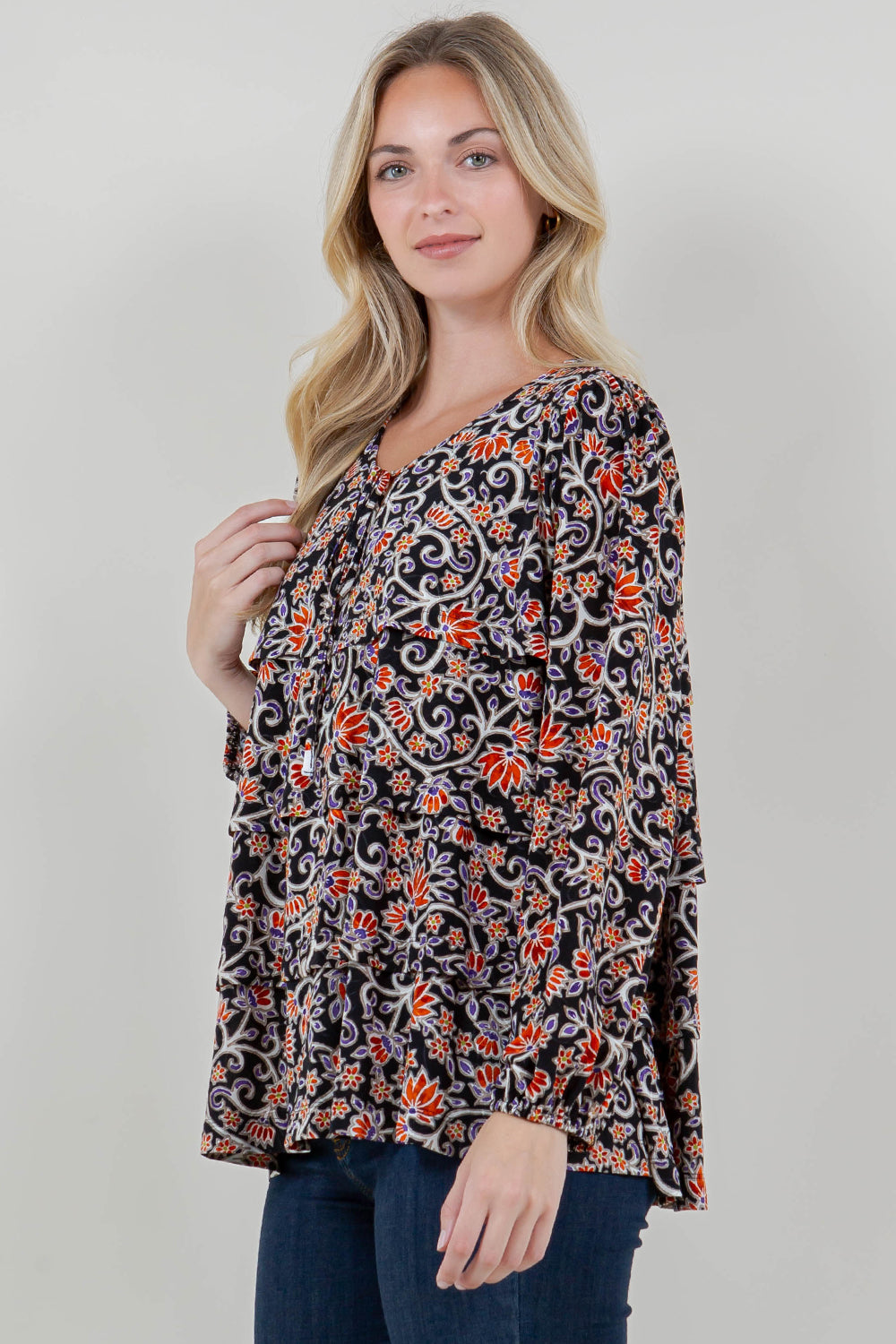 PUFF LS TIER RUFFLE NOTCH NK TOP - T11714-A4577-4