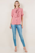 ELB SMOCKED SLVS WIDE BOW TIE TOP - T11715-MAUVE