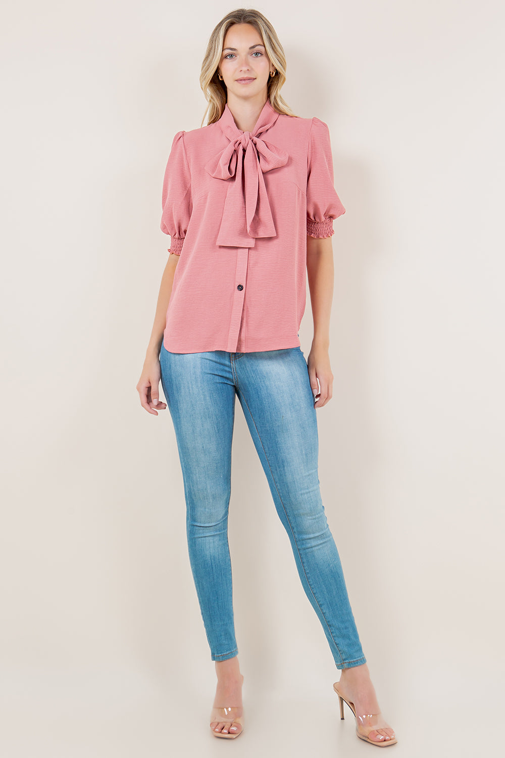 ELB SMOCKED SLVS WIDE BOW TIE TOP - T11715-MAUVE