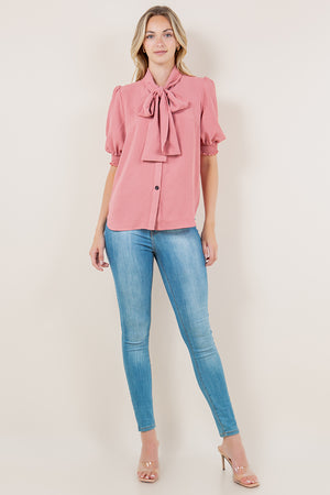 ELB SMOCKED SLVS WIDE BOW TIE TOP - T11715-MAUVE