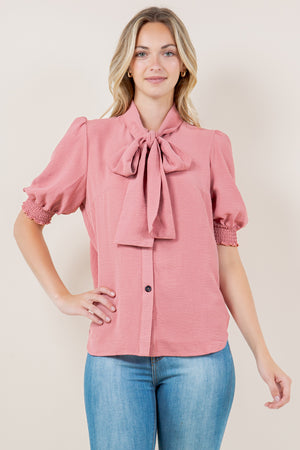 ELB SMOCKED SLVS WIDE BOW TIE TOP - T11715-MAUVE
