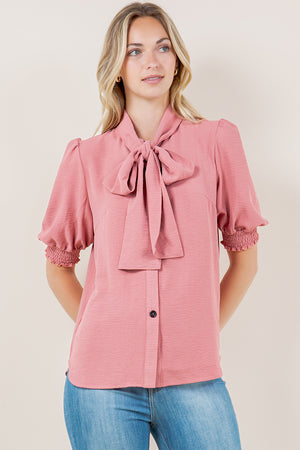 ELB SMOCKED SLVS WIDE BOW TIE TOP - T11715-MAUVE