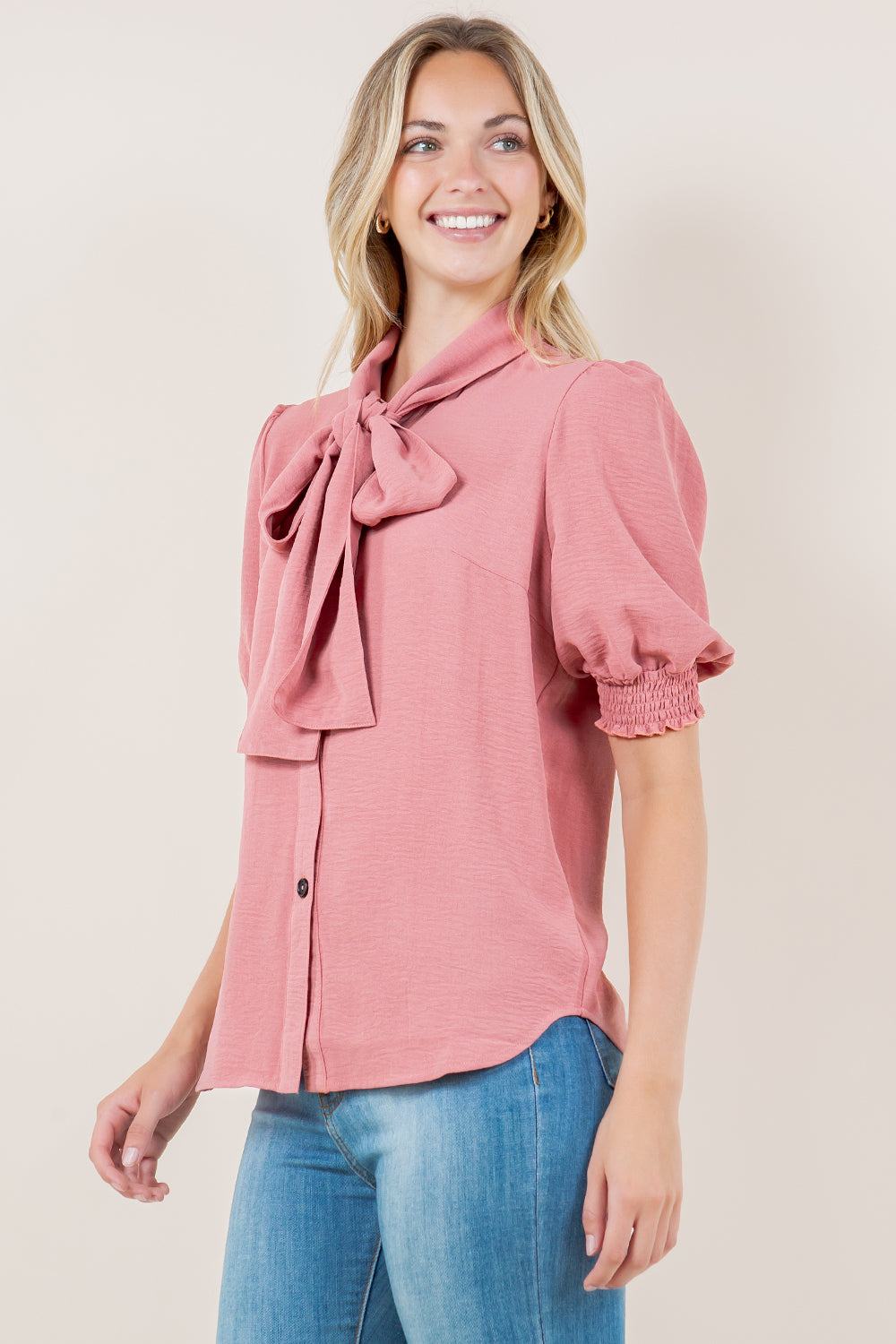 ELB SMOCKED SLVS WIDE BOW TIE TOP - T11715-MAUVE