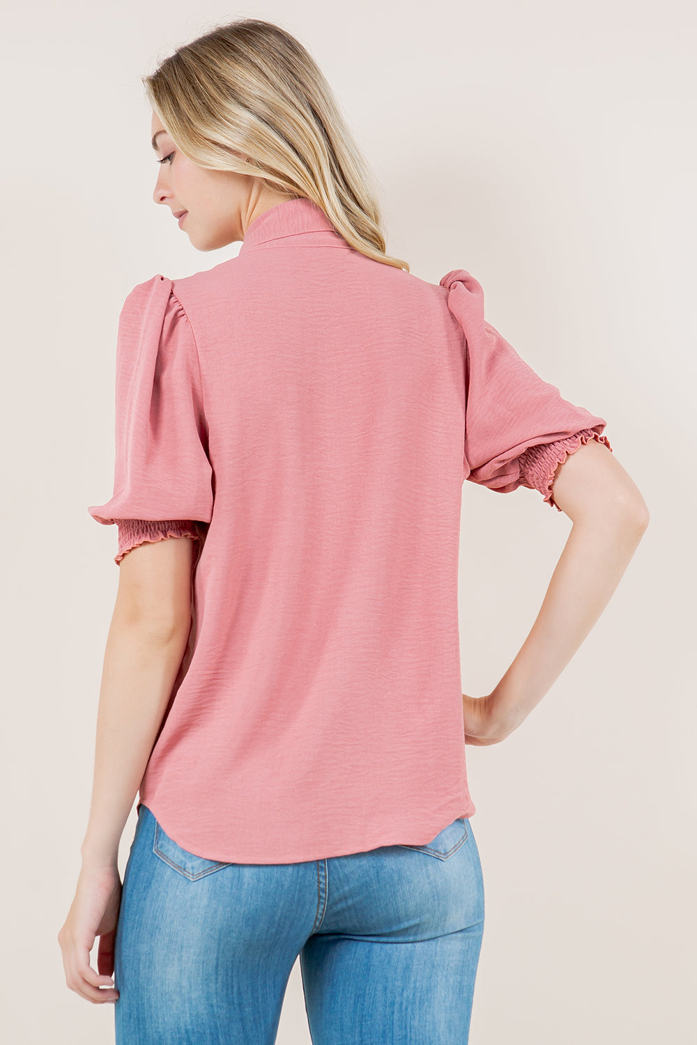 ELB SMOCKED SLVS WIDE BOW TIE TOP - T11715-MAUVE