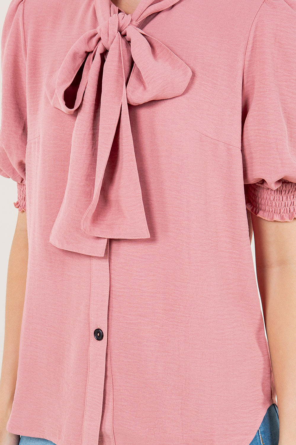 ELB SMOCKED SLVS WIDE BOW TIE TOP - T11715-MAUVE