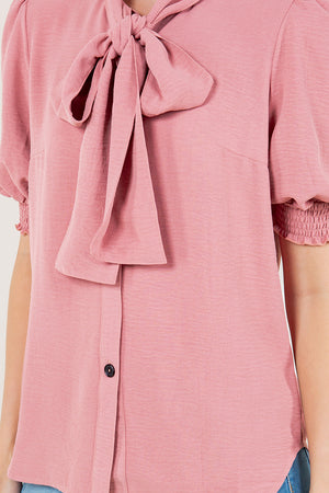 ELB SMOCKED SLVS WIDE BOW TIE TOP - T11715-MAUVE