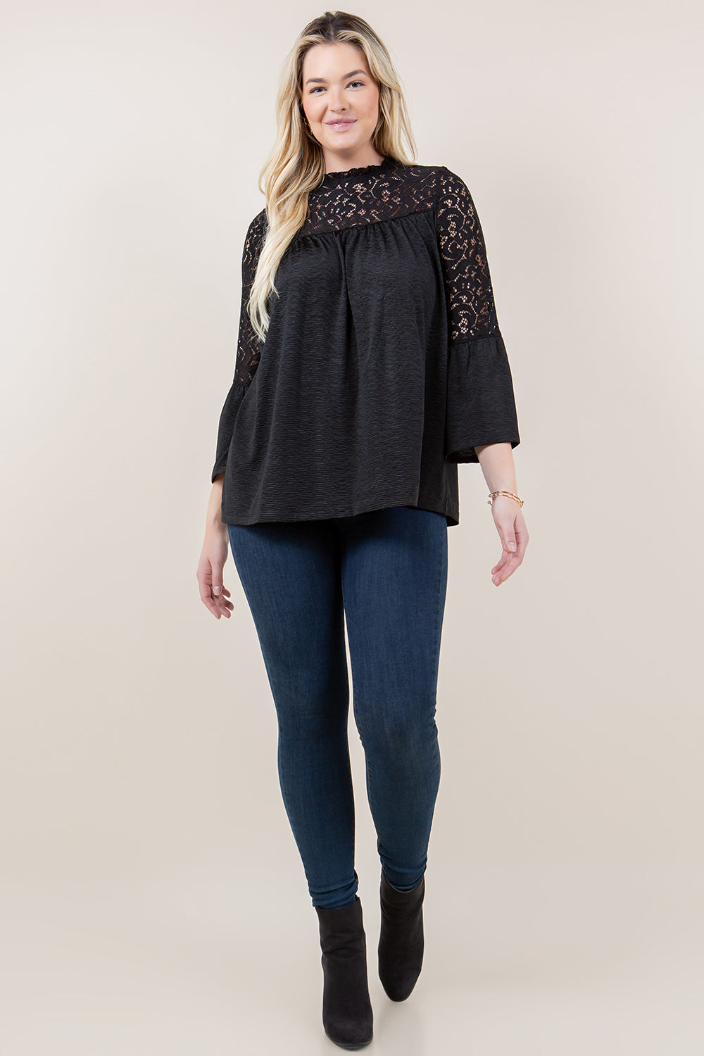 3/4 BELL SLV RUFFLE NK TOP - T11716-DSJR-6184