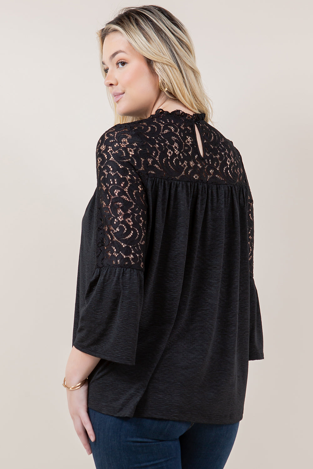 3/4 BELL SLV RUFFLE NK TOP - T11716-DSJR-6184
