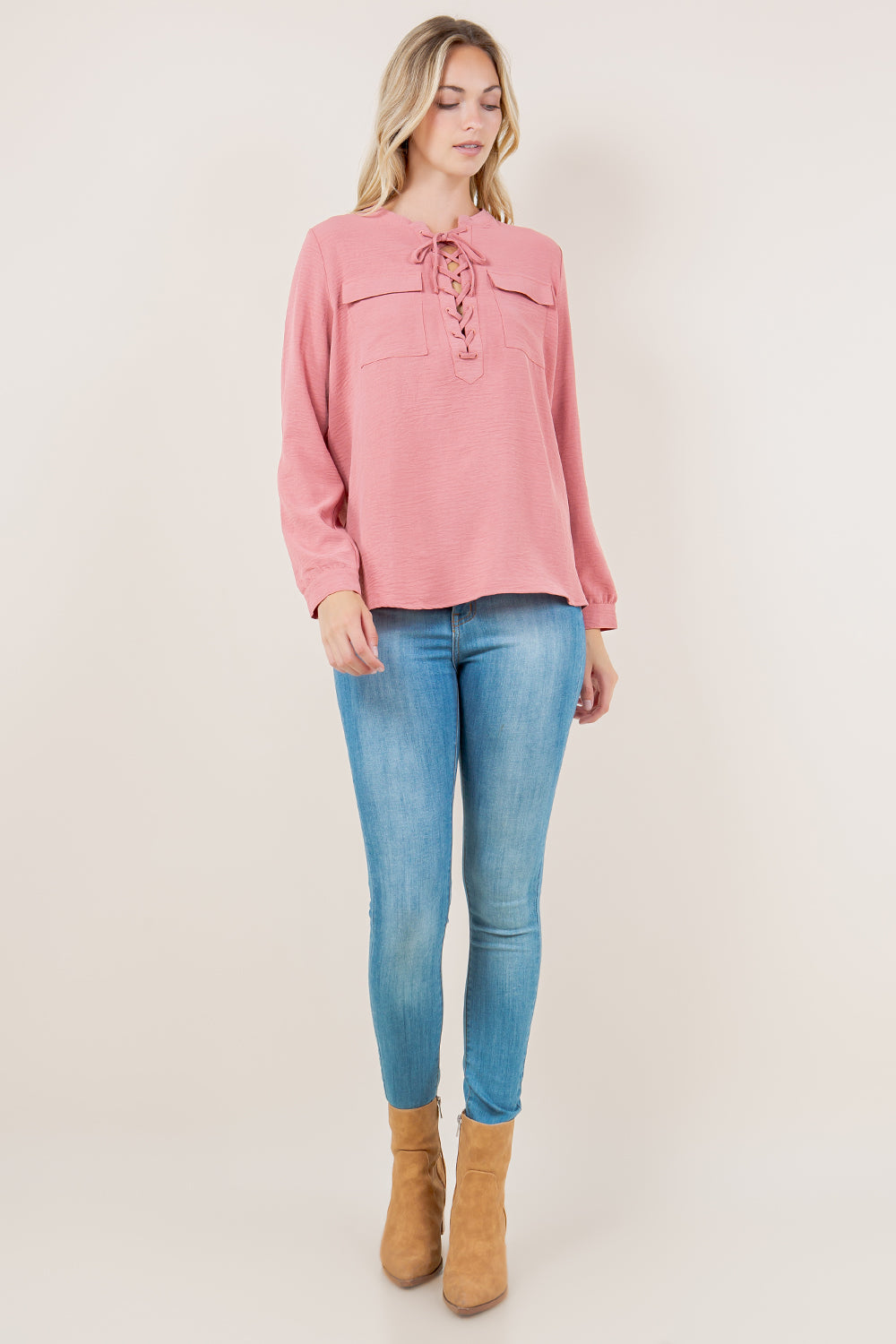 LS ADJUSTABLE ROLL TAB LACE UP TOP - T11718-MAUVE