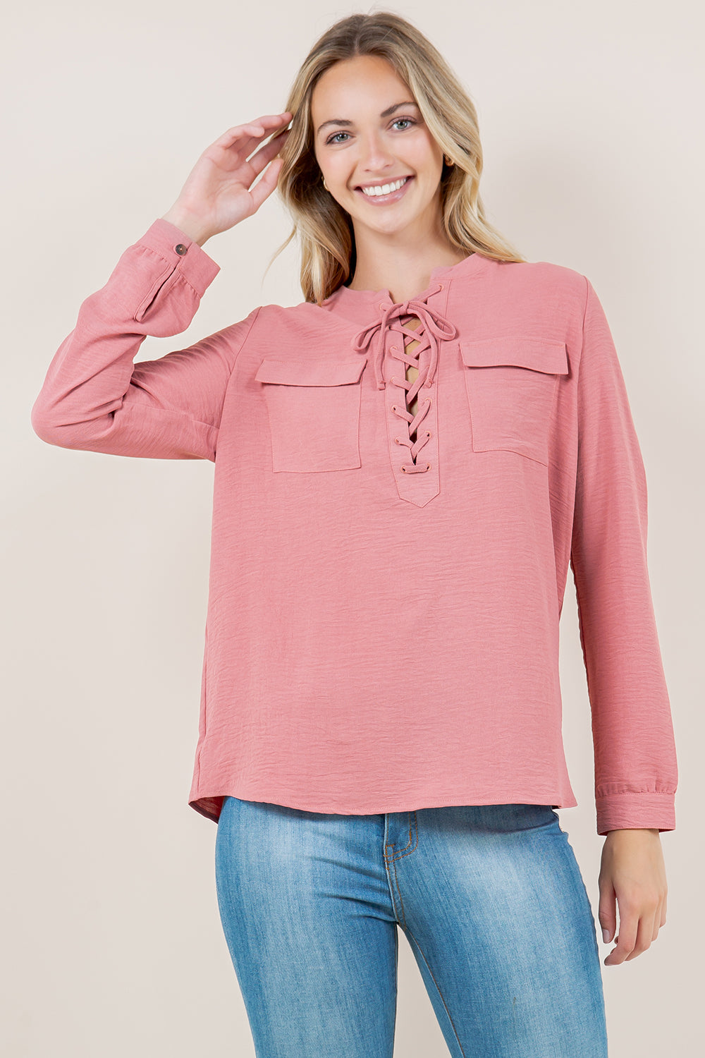 LS ADJUSTABLE ROLL TAB LACE UP TOP - T11718-MAUVE