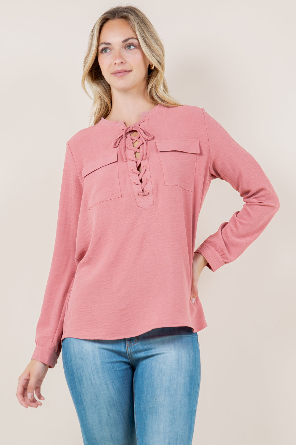 LS ADJUSTABLE ROLL TAB LACE UP TOP - T11718-MAUVE