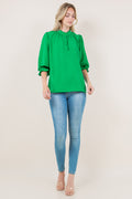 PUFF ELB SLV RUFFLE PLACKET TOP - T11721-KELLYGREEN