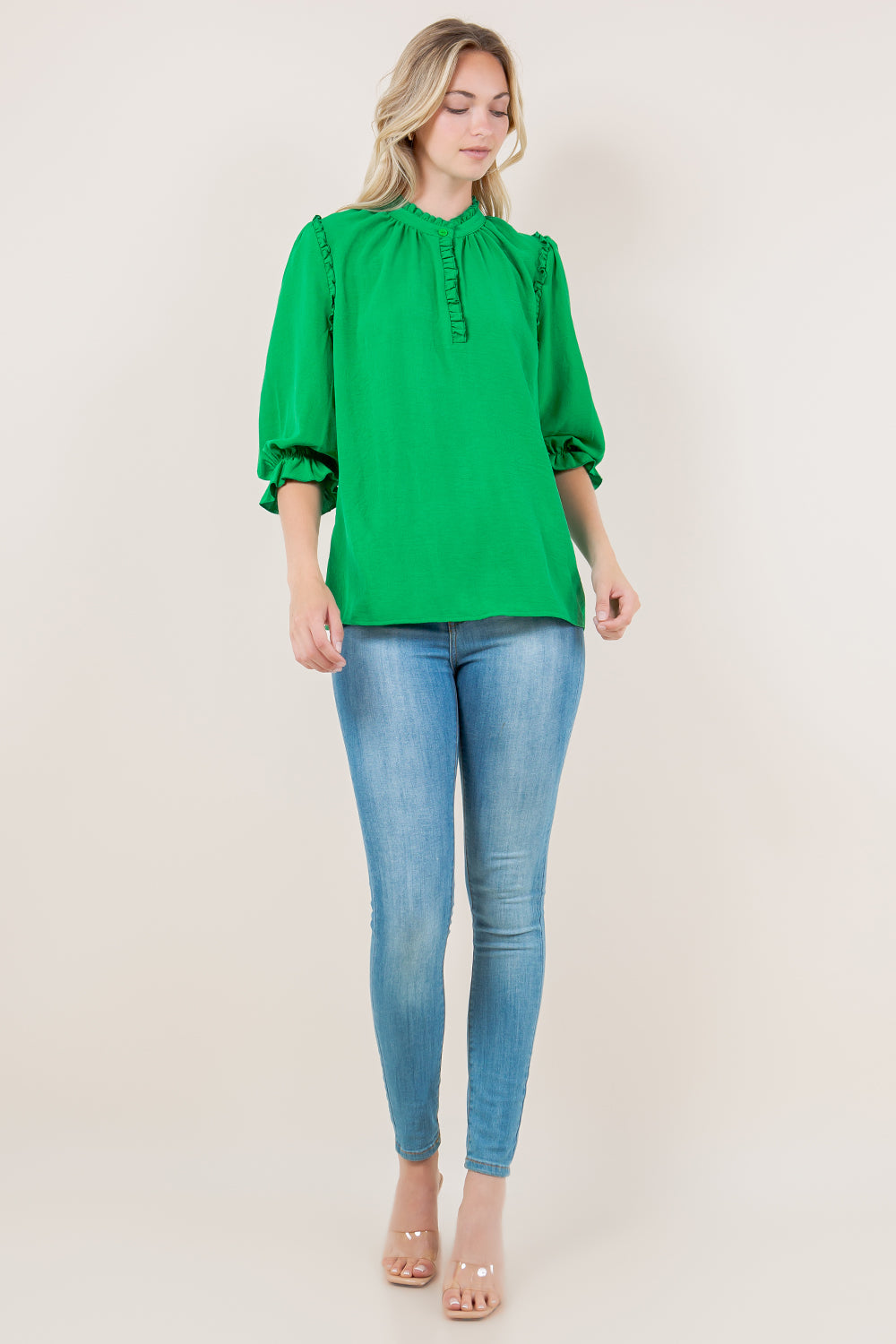 PUFF ELB SLV RUFFLE PLACKET TOP - T11721-KELLYGREEN