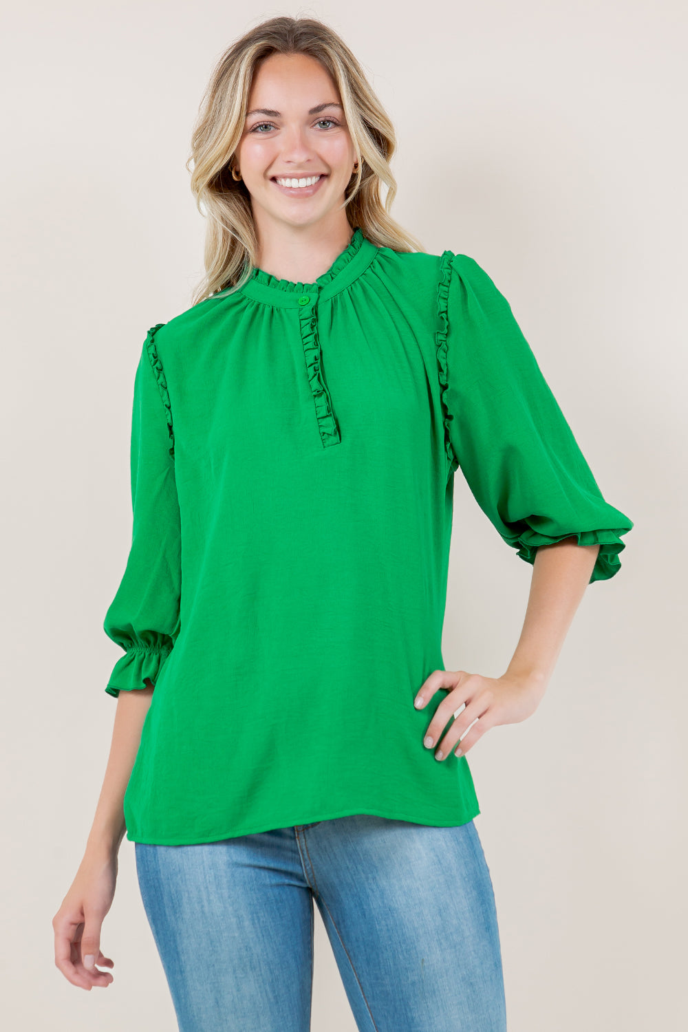 PUFF ELB SLV RUFFLE PLACKET TOP - T11721-KELLYGREEN