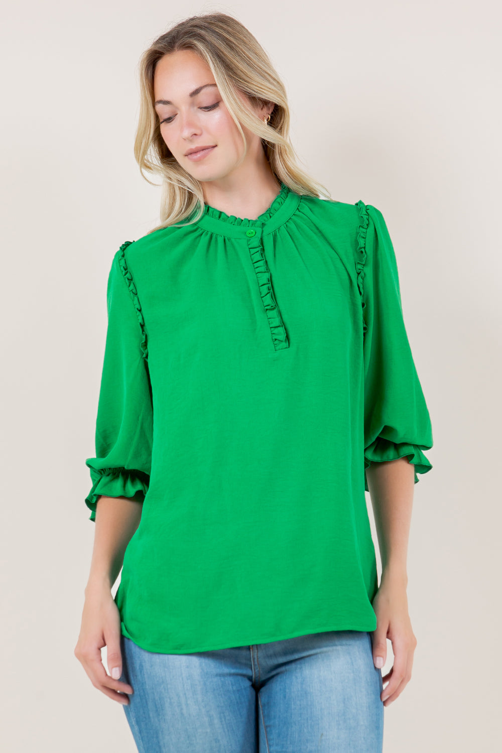 PUFF ELB SLV RUFFLE PLACKET TOP - T11721-KELLYGREEN