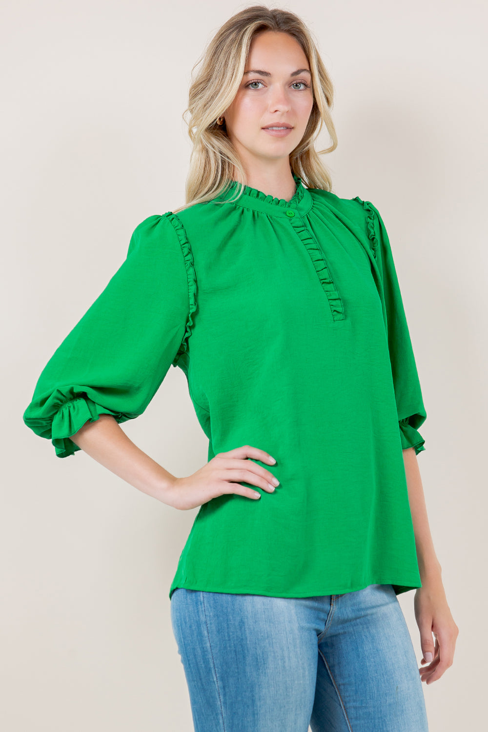 PUFF ELB SLV RUFFLE PLACKET TOP - T11721-KELLYGREEN