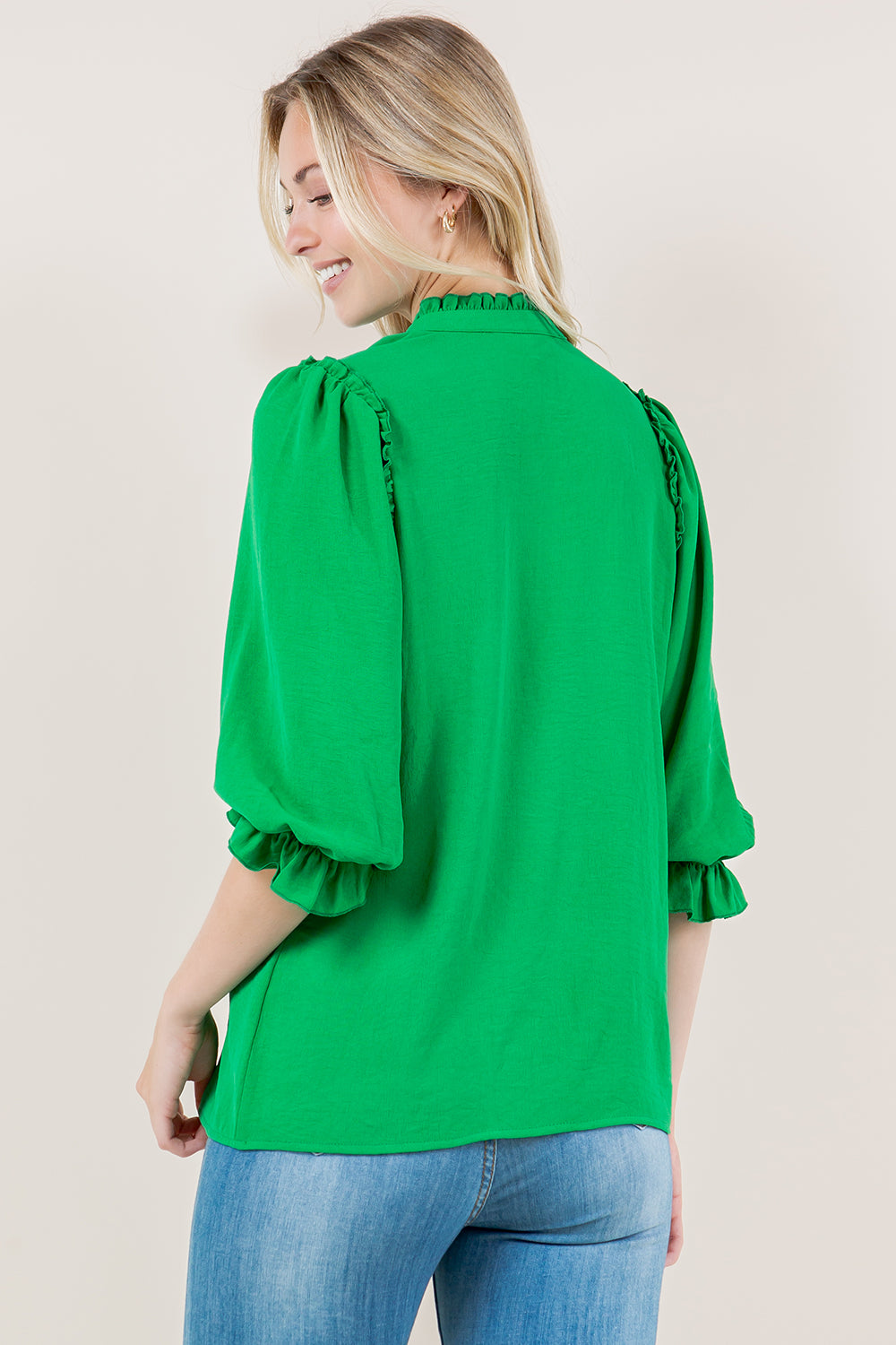 PUFF ELB SLV RUFFLE PLACKET TOP - T11721-KELLYGREEN