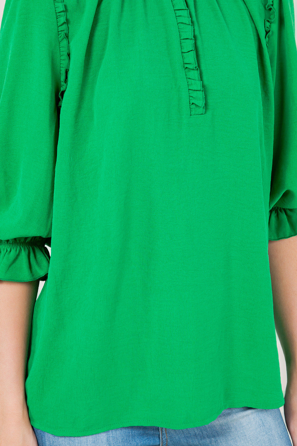 PUFF ELB SLV RUFFLE PLACKET TOP - T11721-KELLYGREEN