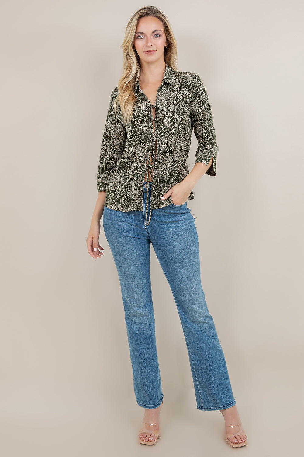 3/4 SLV COLLARED DRAWSTRING TOP T11724-A5177