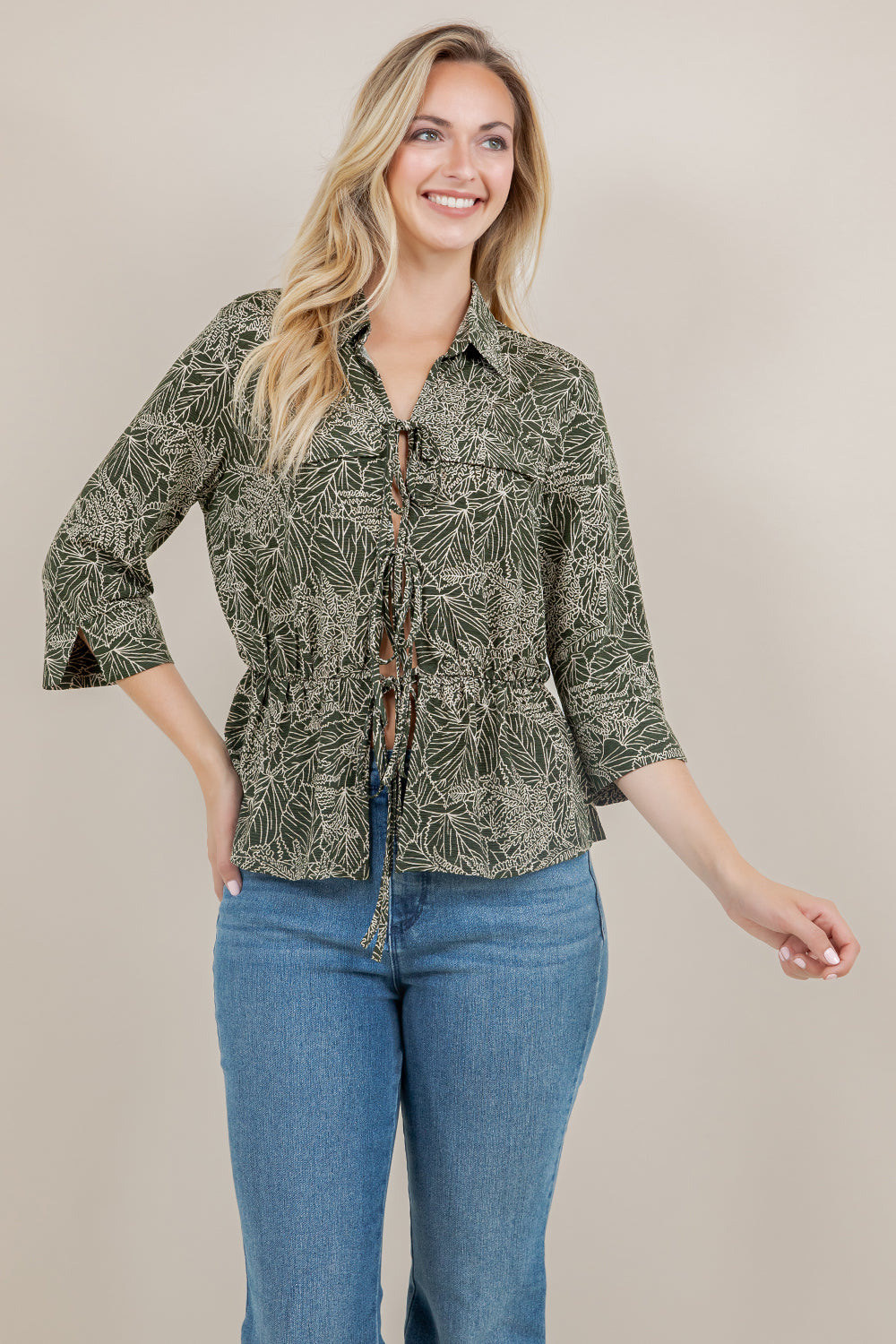 3/4 SLV COLLARED DRAWSTRING TOP T11724-A5177