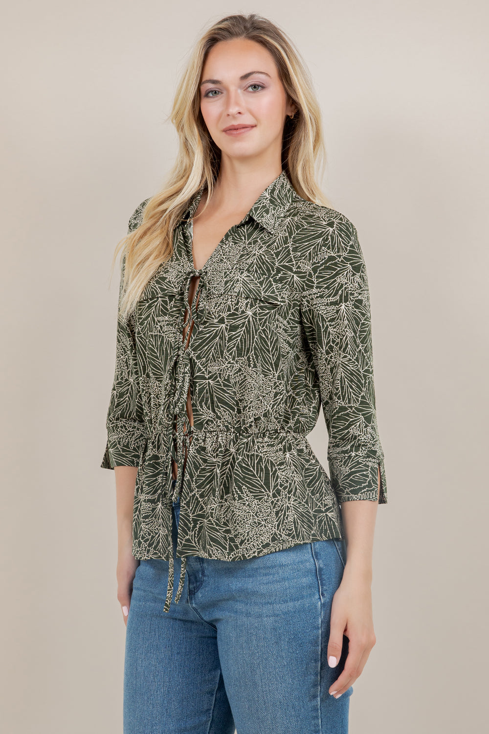 3/4 SLV COLLARED DRAWSTRING TOP T11724-A5177