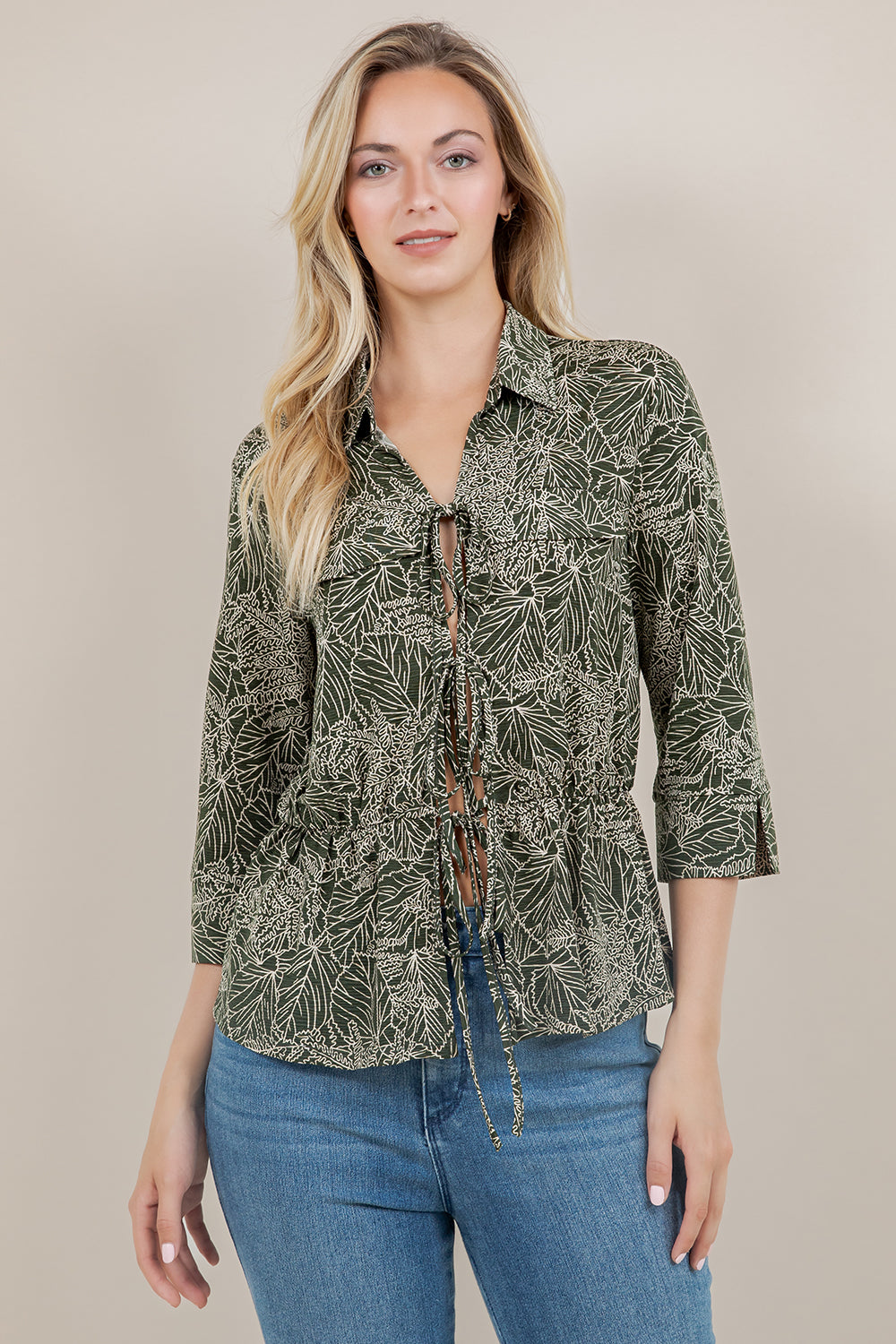 3/4 SLV COLLARED DRAWSTRING TOP T11724-A5177