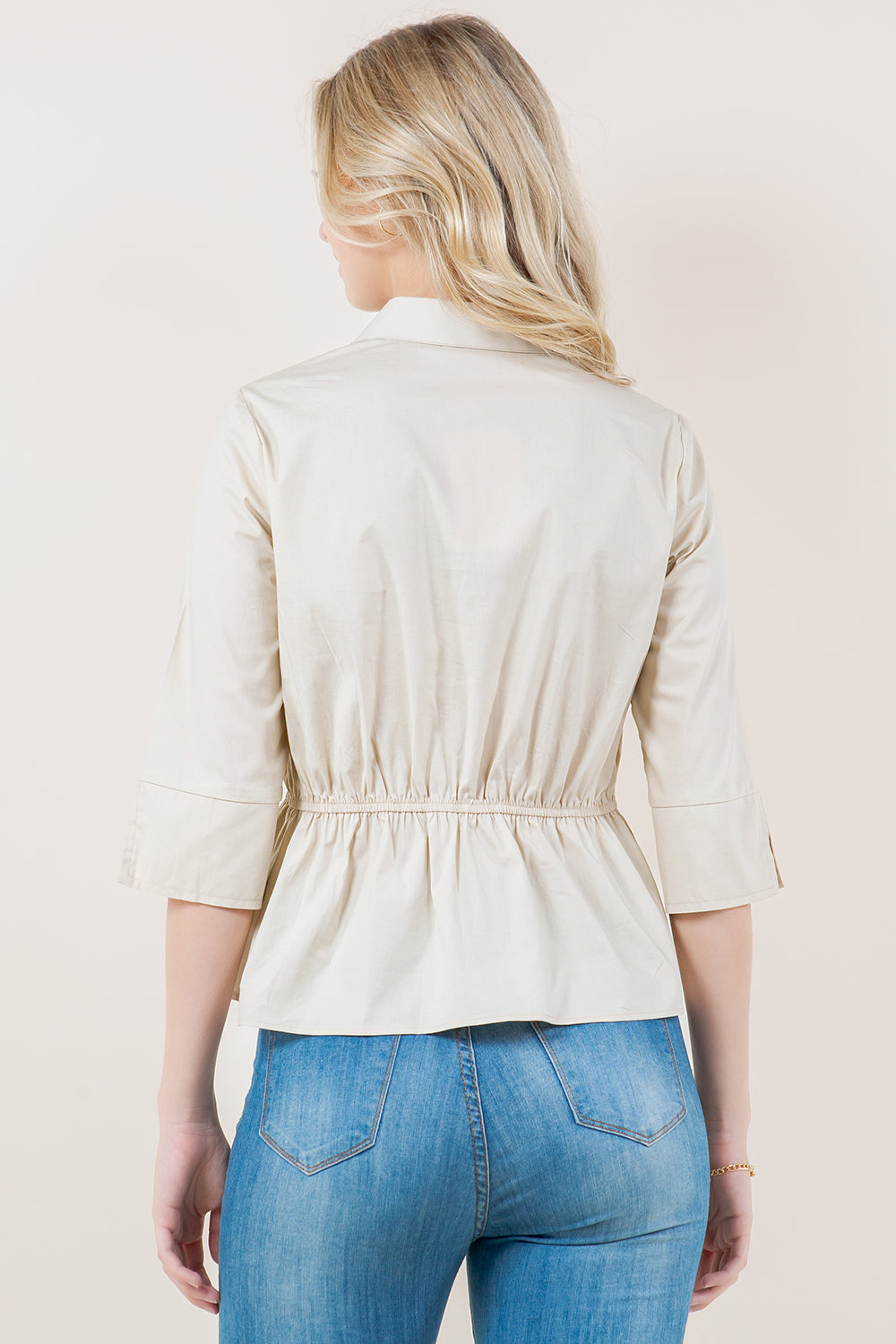 ELB SLV FRONT POCKETS BOW TIES PEPLUM TOP - T11724-PPLN