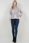 LS SMOCKED RUFFLE STAND COLLAR TOP - T11725-PPLN