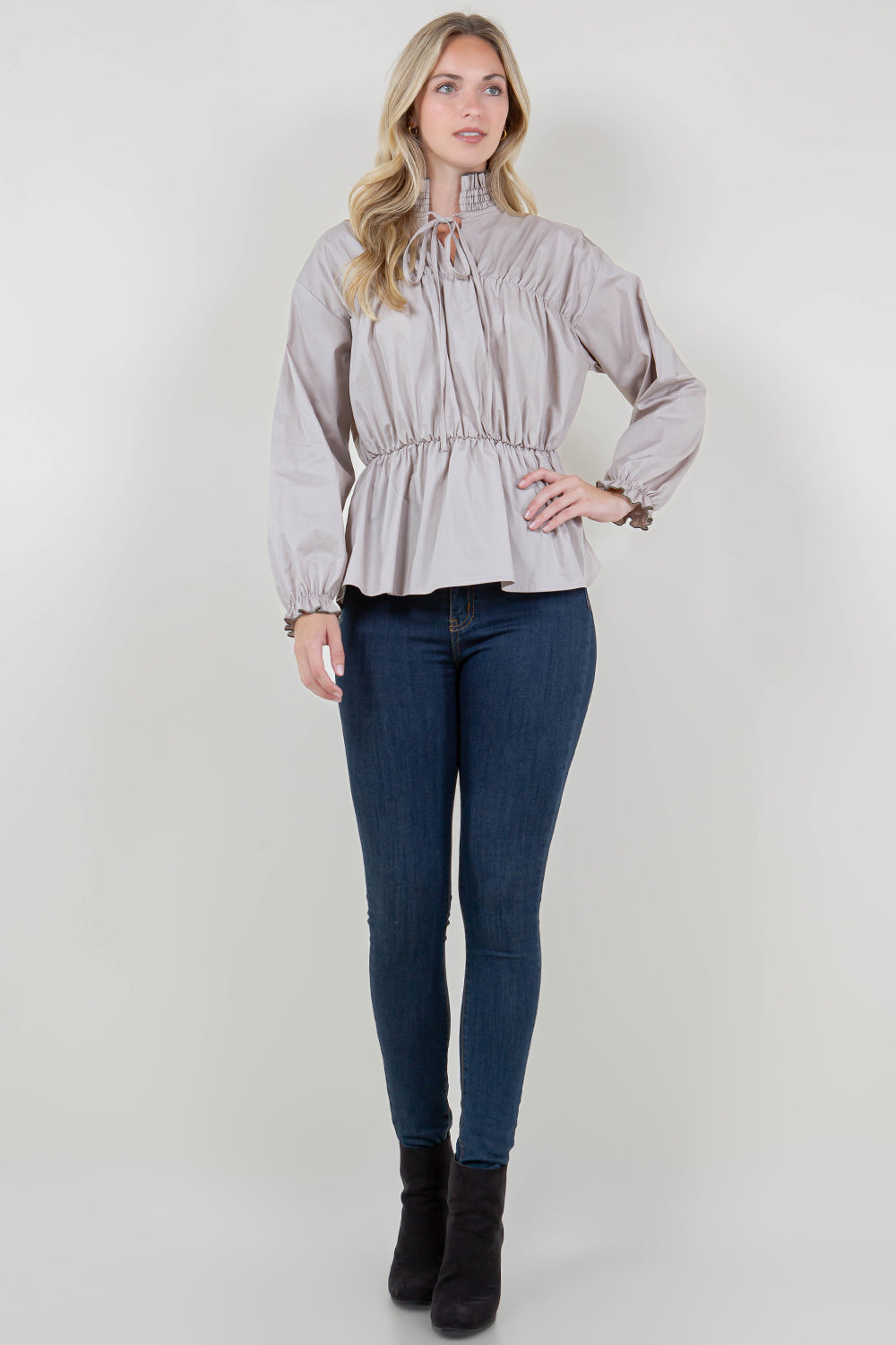 LS SMOCKED RUFFLE STAND COLLAR TOP - T11725-PPLN